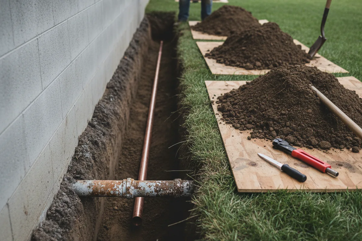 Excavated water line trench during Water Heater Repair in Hilton